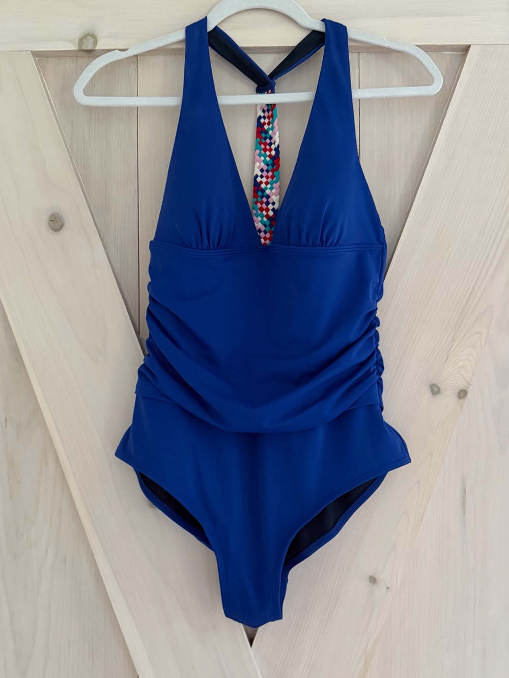 Boden Royal Blue One-Piece Halter Swimsuit with Multicolor Braided Strap